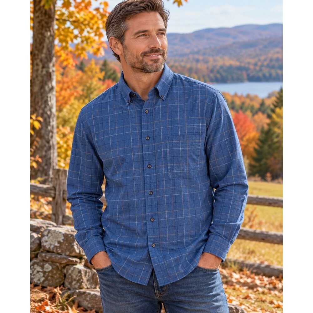 St. John's Bay Men's Medium Blue Windowpane Plaid Jaspe' Twill Shirt 100% Cotton